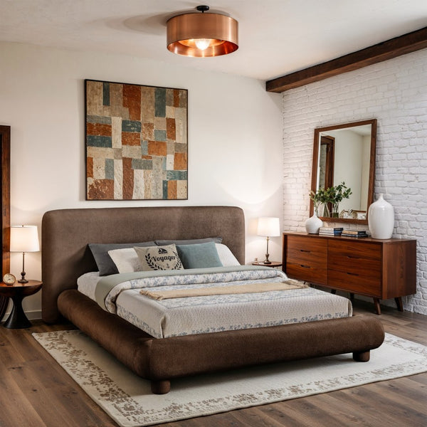 Meridian Furniture Blair Upholstered King Bed Curved Padded Headboard Stylish Frame for Modern Bedroom Brown Chenille Fabric B1235Brown-K