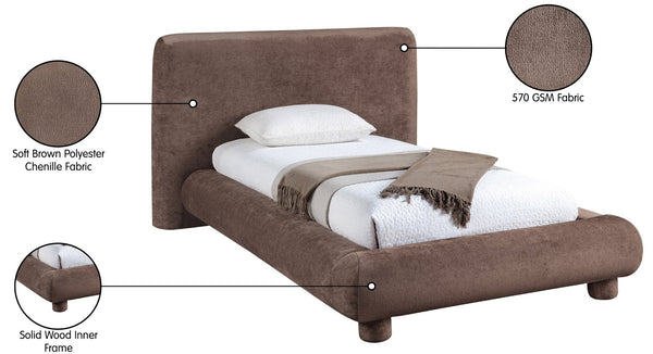 Meridian Furniture Blair Upholstered Twin Bed Rounded Headboard Soft Fabric Frame for Modern Bedroom Decor Brown Chenille Fabric B1235Brown-T