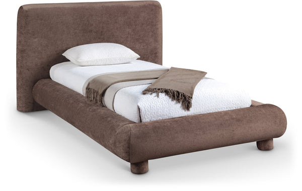 Meridian Furniture Blair Upholstered Twin Bed Rounded Headboard Soft Fabric Frame for Modern Bedroom Decor Brown Chenille Fabric B1235Brown-T