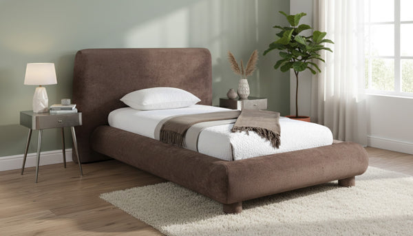 Meridian Furniture Blair Upholstered Twin Bed Rounded Headboard Soft Fabric Frame for Modern Bedroom Decor Brown Chenille Fabric B1235Brown-T