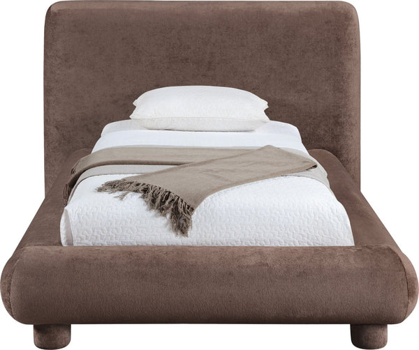 Meridian Furniture Blair Upholstered Twin Bed Rounded Headboard Soft Fabric Frame for Modern Bedroom Decor Brown Chenille Fabric B1235Brown-T