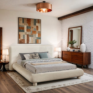Meridian Furniture Blair Upholstered King Bed Curved Padded Headboard Stylish Frame for Modern Bedroom Cream Chenille Fabric B1235Cream-K
