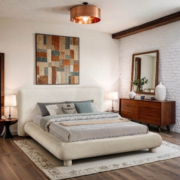 Meridian Furniture Blair Queen Upholstered Bed Curved Headboard Plush Fabric Modern Neutral Bedroom Frame Cream Chenille Fabric B1235Cream-Q