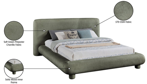 Meridian Furniture Blair Upholstered King Bed Curved Padded Headboard Stylish Frame for Modern Bedroom Green Chenille Fabric B1235Green-K