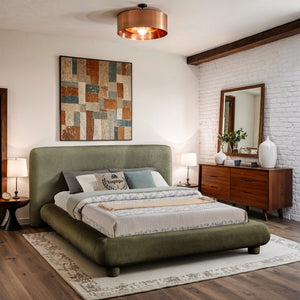 Meridian Furniture Blair Queen Upholstered Bed Curved Headboard Plush Fabric Modern Neutral Bedroom Frame Green Chenille Fabric B1235Green-Q