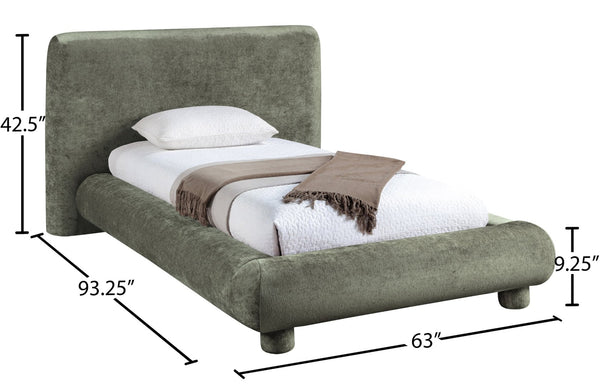 Meridian Furniture Blair Upholstered Twin Bed Rounded Headboard Soft Fabric Frame for Modern Bedroom Decor Green Chenille Fabric B1235Green-T
