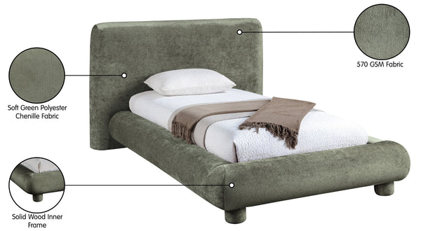 Meridian Furniture Blair Upholstered Twin Bed Rounded Headboard Soft Fabric Frame for Modern Bedroom Decor Green Chenille Fabric B1235Green-T