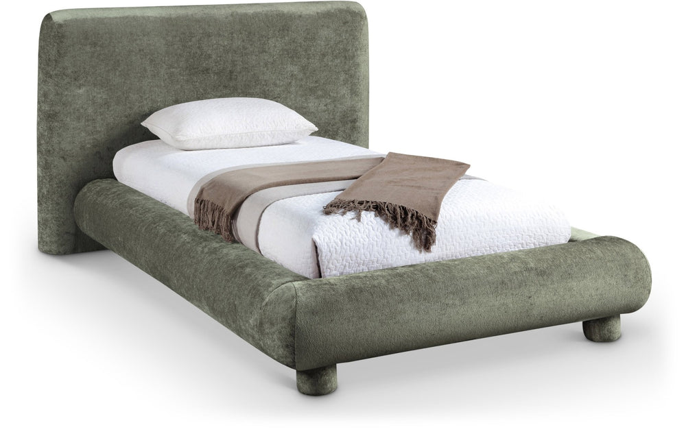 Meridian Furniture Blair Upholstered Twin Bed Rounded Headboard Soft Fabric Frame for Modern Bedroom Decor Green Chenille Fabric B1235Green-T