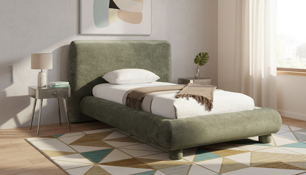 Meridian Furniture Blair Upholstered Twin Bed Rounded Headboard Soft Fabric Frame for Modern Bedroom Decor Green Chenille Fabric B1235Green-T