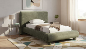 Meridian Furniture Blair Upholstered Twin Bed Rounded Headboard Soft Fabric Frame for Modern Bedroom Decor Green Chenille Fabric B1235Green-T