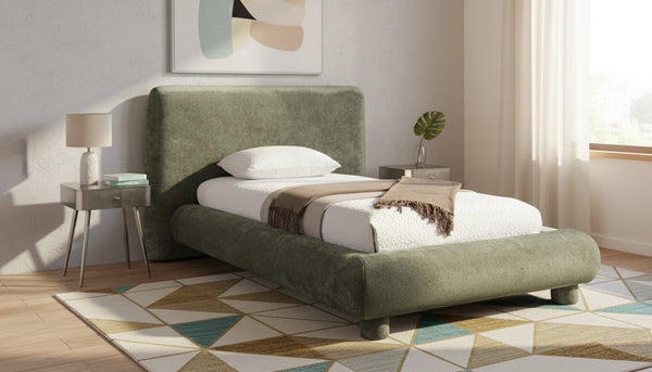 Meridian Furniture Blair Upholstered Twin Bed Rounded Headboard Soft Fabric Frame for Modern Bedroom Decor Green Chenille Fabric B1235Green-T