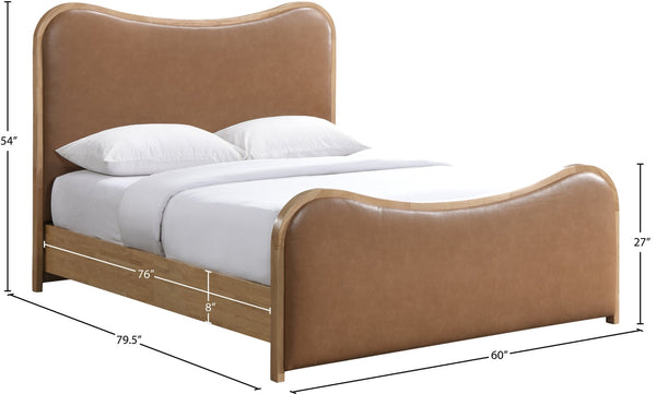 Meridian Furniture Arvada Full Bed Upholstered Wingback Frame with Walnut Base Mid-century Modern Bedroom Platform Cognac Vegan Leather B1236Cognac-F