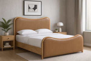 Meridian Furniture Arvada Full Bed Upholstered Wingback Frame with Walnut Base Mid-century Modern Bedroom Platform Cognac Vegan Leather B1236Cognac-F
