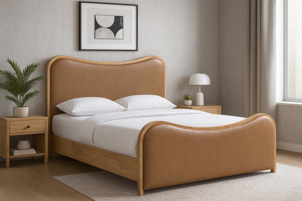 Meridian Furniture Arvada Full Bed Upholstered Wingback Frame with Walnut Base Mid-century Modern Bedroom Platform Cognac Vegan Leather B1236Cognac-F