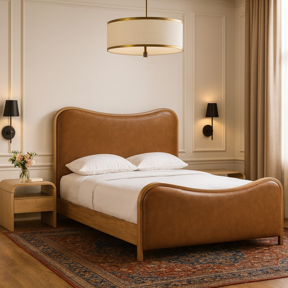 Meridian Furniture Arvada King Bed Vegan Leather Platform Frame Mid-century Sculpted Cognac Upholstered B1236Cognac-K