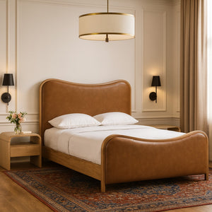 Meridian Furniture Arvada King Bed Vegan Leather Platform Frame Mid-century Sculpted Cognac Upholstered B1236Cognac-K