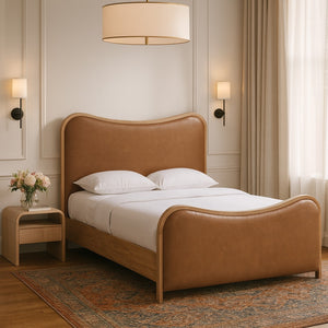 Meridian Furniture Arvada Cognac Vegan Leather Queen Bed with Sculpted Mid-century Modern Frame B1236Cognac-Q