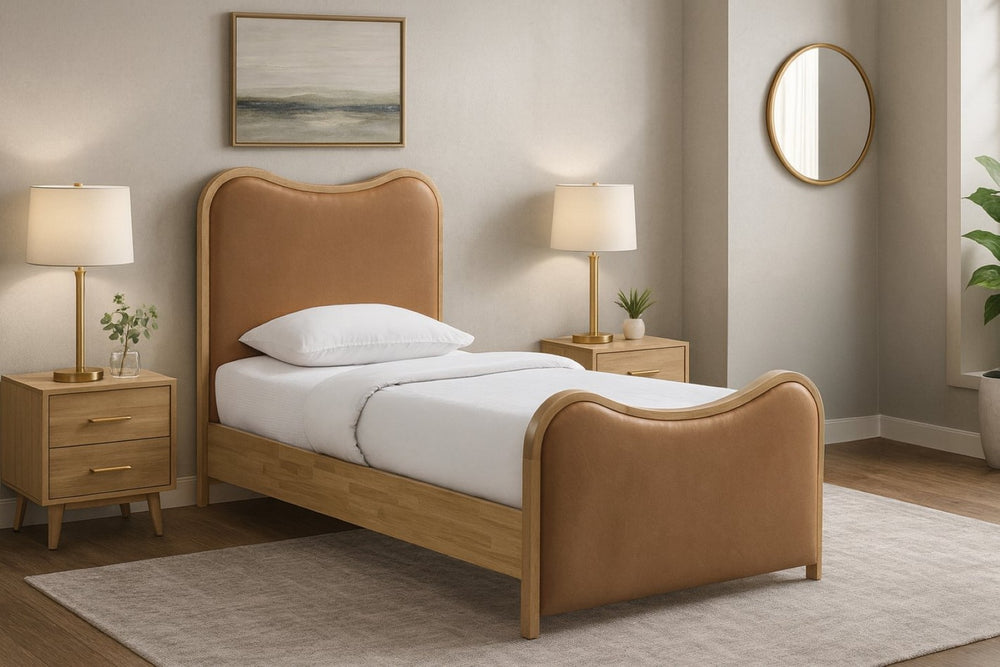 Meridian Furniture Arvada Twin Platform Bed Vegan Leather Upholstered Mid-century Modern Bedroom Frame B1236Cognac-T