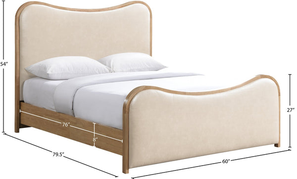 Meridian Furniture Arvada Full Bed Upholstered Wingback Frame with Walnut Base Mid-century Modern Bedroom Platform Cream Vegan Leather - A B1236Cream-F