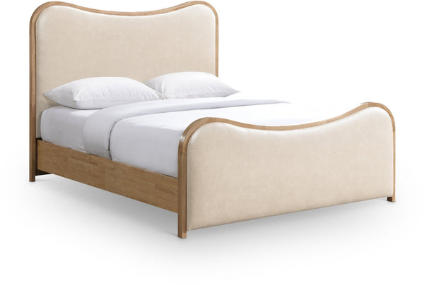 Meridian Furniture Arvada Full Bed Upholstered Wingback Frame with Walnut Base Mid-century Modern Bedroom Platform Cream Vegan Leather - A B1236Cream-F