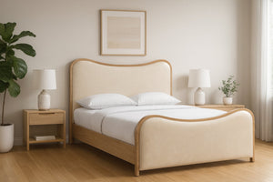 Meridian Furniture Arvada Full Bed Upholstered Wingback Frame with Walnut Base Mid-century Modern Bedroom Platform Cream Vegan Leather - A B1236Cream-F