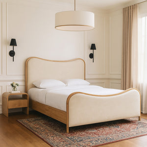 Meridian Furniture Arvada Queen Bed Vegan Leather Upholstered Mid-century Frame with Sculptural Headboard B1236Cream-Q