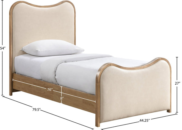 Meridian Furniture Arvada Twin Bed Vegan Leather Upholstered Mid-century Frame with Sculptural Headboard B1236Cream-T