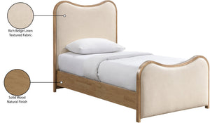 Meridian Furniture Arvada Twin Bed Vegan Leather Upholstered Mid-century Frame with Sculptural Headboard B1236Cream-T