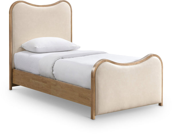 Meridian Furniture Arvada Twin Bed Vegan Leather Upholstered Mid-century Frame with Sculptural Headboard B1236Cream-T