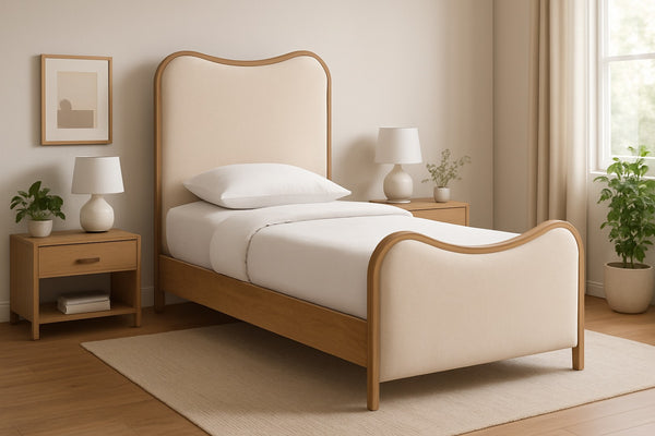 Meridian Furniture Arvada Twin Bed Vegan Leather Upholstered Mid-century Frame with Sculptural Headboard B1236Cream-T