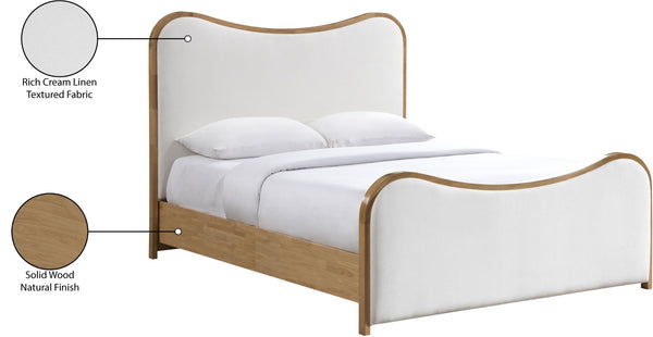 Meridian Furniture Arvada Full Bed Upholstered Wingback Frame with Walnut Base Mid-century Modern Bedroom Platform Cream Linen Textured Fabric - A B1237Cream-F