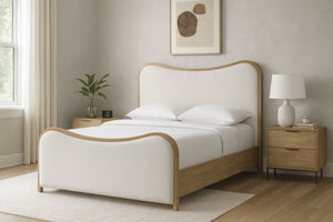 Meridian Furniture Arvada Full Bed Upholstered Wingback Frame with Walnut Base Mid-century Modern Bedroom Platform Cream Linen Textured Fabric - A B1237Cream-F