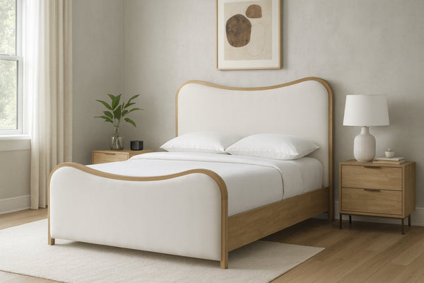 Meridian Furniture Arvada Full Bed Upholstered Wingback Frame with Walnut Base Mid-century Modern Bedroom Platform Cream Linen Textured Fabric - A B1237Cream-F