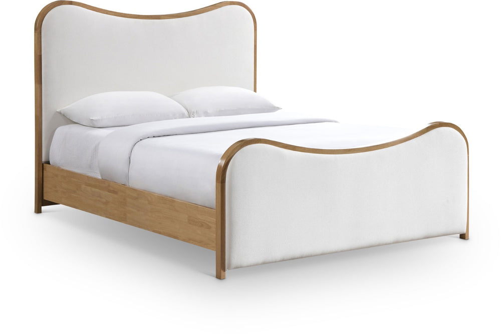 Meridian Furniture Arvada Sculptural Linen Upholstered King Bed with Natural Wood Base and Curved Headboard B1237Cream-K