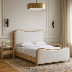 Meridian Furniture Arvada Sculptural Linen Upholstered King Bed with Natural Wood Base and Curved Headboard B1237Cream-K