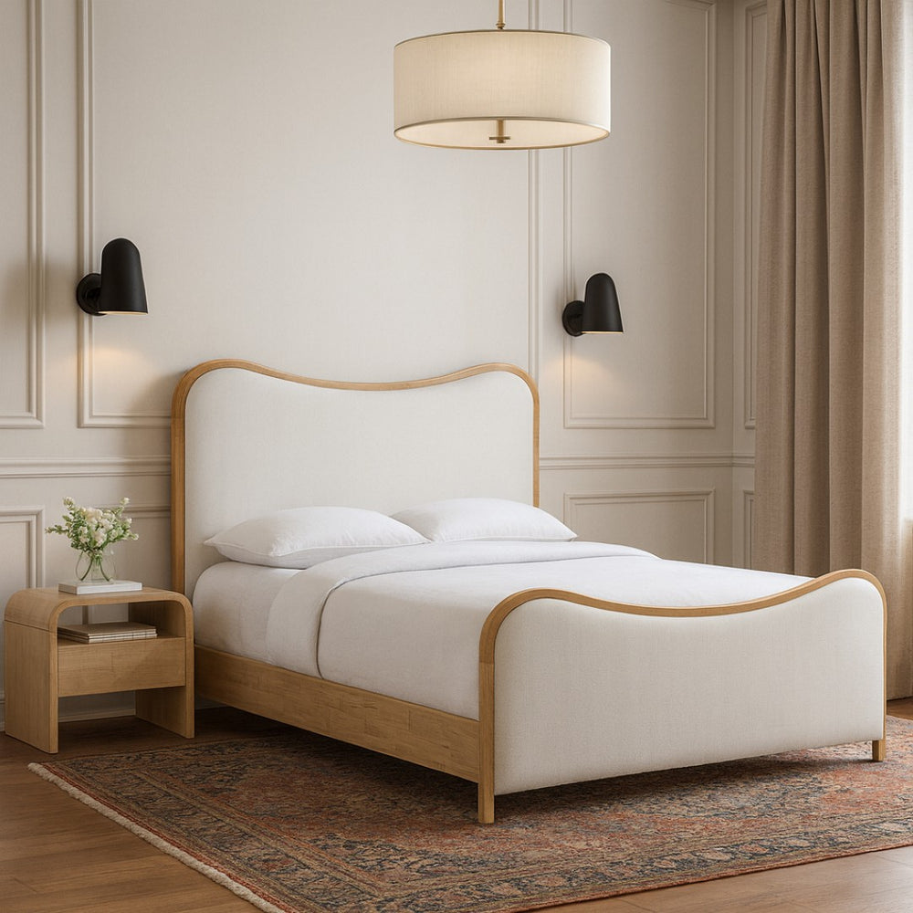 Meridian Furniture Arvada Sculptural Queen Bed with Cream Linen Upholstery and Natural Wood Platform Base B1237Cream-Q