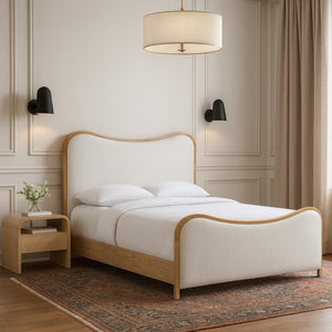 Meridian Furniture Arvada Sculptural Queen Bed with Cream Linen Upholstery and Natural Wood Platform Base B1237Cream-Q