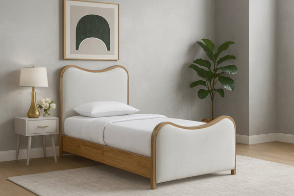 Meridian Furniture Arvada Twin Bed Sculptural Linen Upholstered Platform Frame for Modern Bedrooms B1237Cream-T