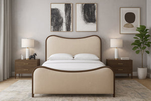 Meridian Furniture Arvada Full Bed Upholstered Wingback Frame with Walnut Base Mid-century Modern Bedroom Platform Cream Vegan Leather - B B1238Cream-F