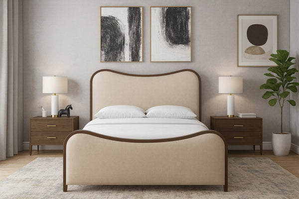 Meridian Furniture Arvada Full Bed Upholstered Wingback Frame with Walnut Base Mid-century Modern Bedroom Platform Cream Vegan Leather - B B1238Cream-F