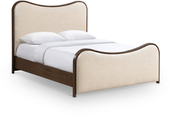 Meridian Furniture Arvada Vegan Leather King Bed Sculptural Curved Headboard Walnut Base Platform Frame B1238Cream-K