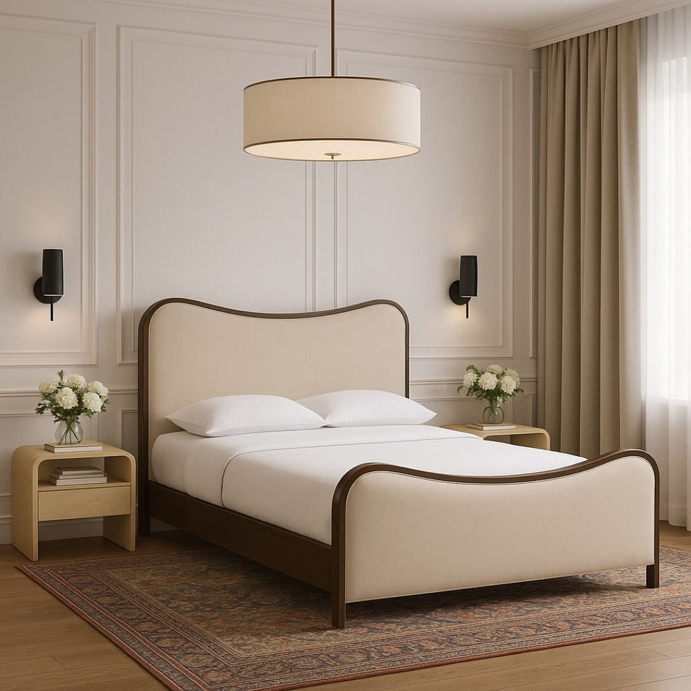 Meridian Furniture Arvada Vegan Leather King Bed Sculptural Curved Headboard Walnut Base Platform Frame B1238Cream-K