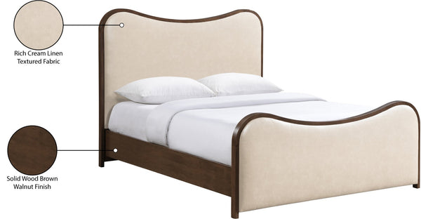 Meridian Furniture Arvada Queen Platform Bed Cream Vegan Leather Walnut Base Mid-century Modern B1238Cream-Q