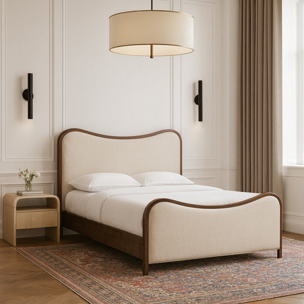 Meridian Furniture Arvada Queen Platform Bed Cream Vegan Leather Walnut Base Mid-century Modern B1238Cream-Q