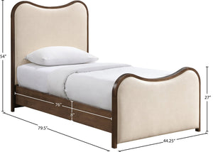 Meridian Furniture Arvada Sculptural Twin Bed Cream Vegan Leather Upholstered Mid-century Solid Wood Frame B1238Cream-T
