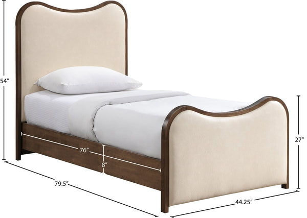 Meridian Furniture Arvada Sculptural Twin Bed Cream Vegan Leather Upholstered Mid-century Solid Wood Frame B1238Cream-T