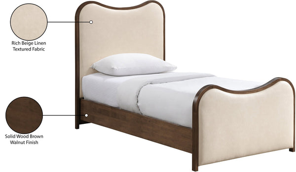 Meridian Furniture Arvada Sculptural Twin Bed Cream Vegan Leather Upholstered Mid-century Solid Wood Frame B1238Cream-T
