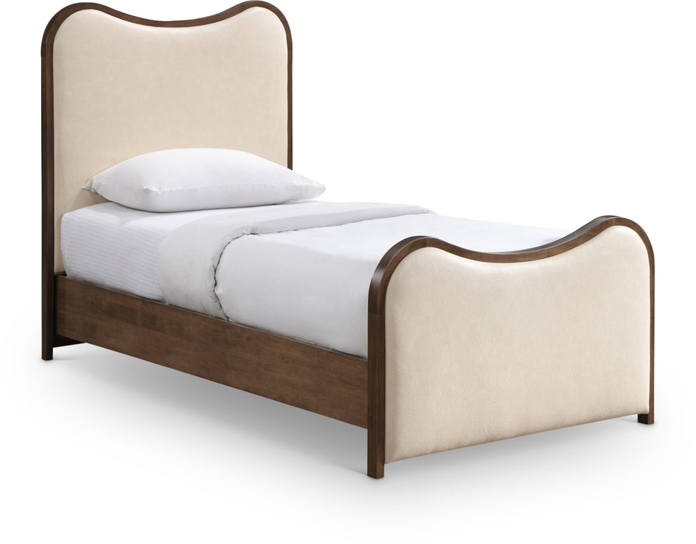 Meridian Furniture Arvada Sculptural Twin Bed Cream Vegan Leather Upholstered Mid-century Solid Wood Frame B1238Cream-T