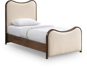 Meridian Furniture Arvada Sculptural Twin Bed Cream Vegan Leather Upholstered Mid-century Solid Wood Frame B1238Cream-T