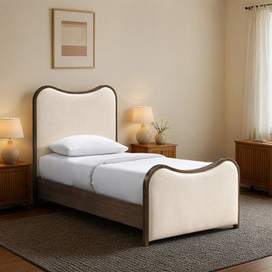 Meridian Furniture Arvada Sculptural Twin Bed Cream Vegan Leather Upholstered Mid-century Solid Wood Frame B1238Cream-T